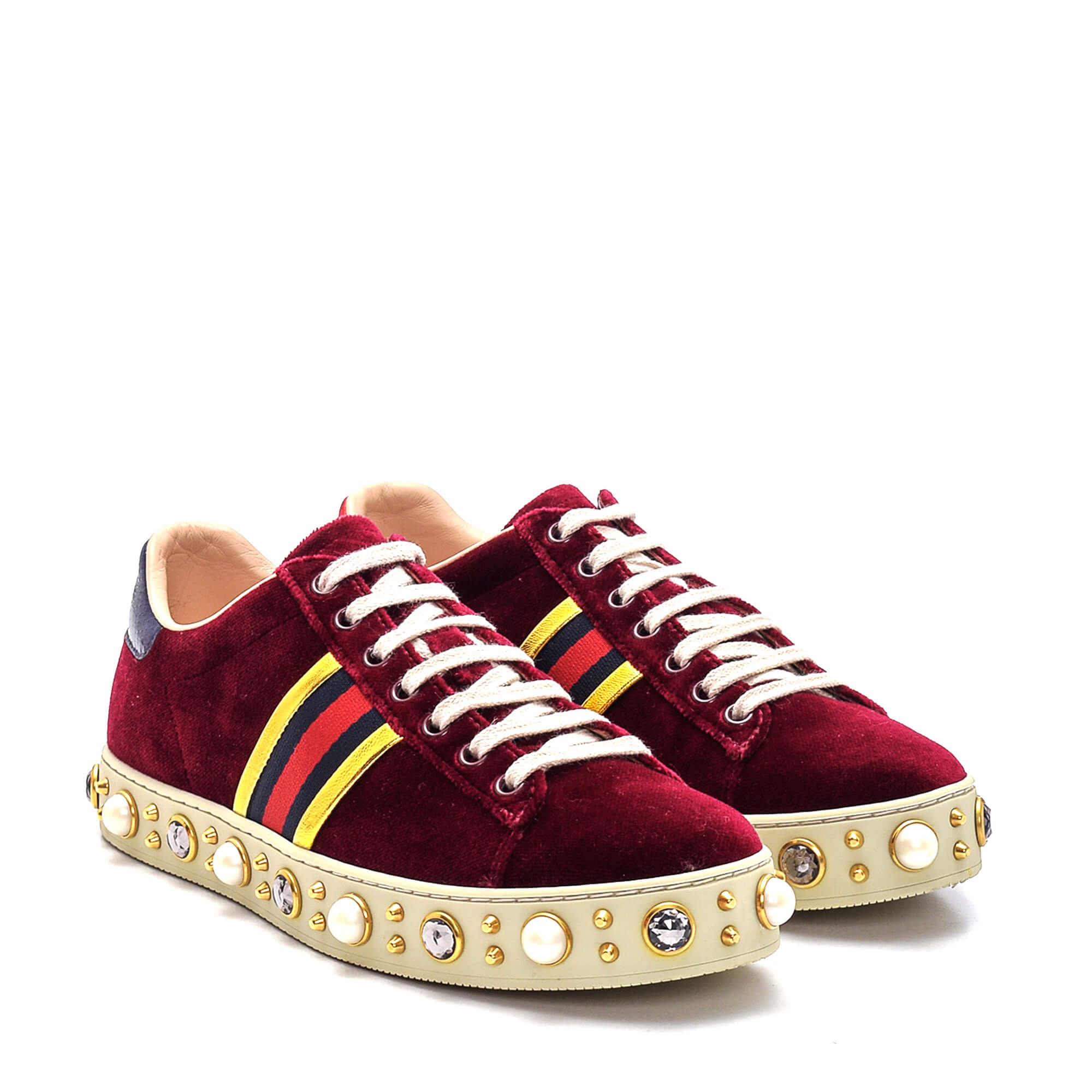 Gucci - Bordeaux New Ace Faux Pearl Embellished Velvet Trainer Sneakers